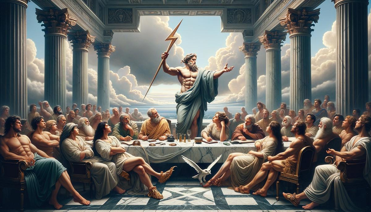 Zeus leading a divine PR crisis meeting on Mount Olympus, with other Greek gods seated around a grand marble table