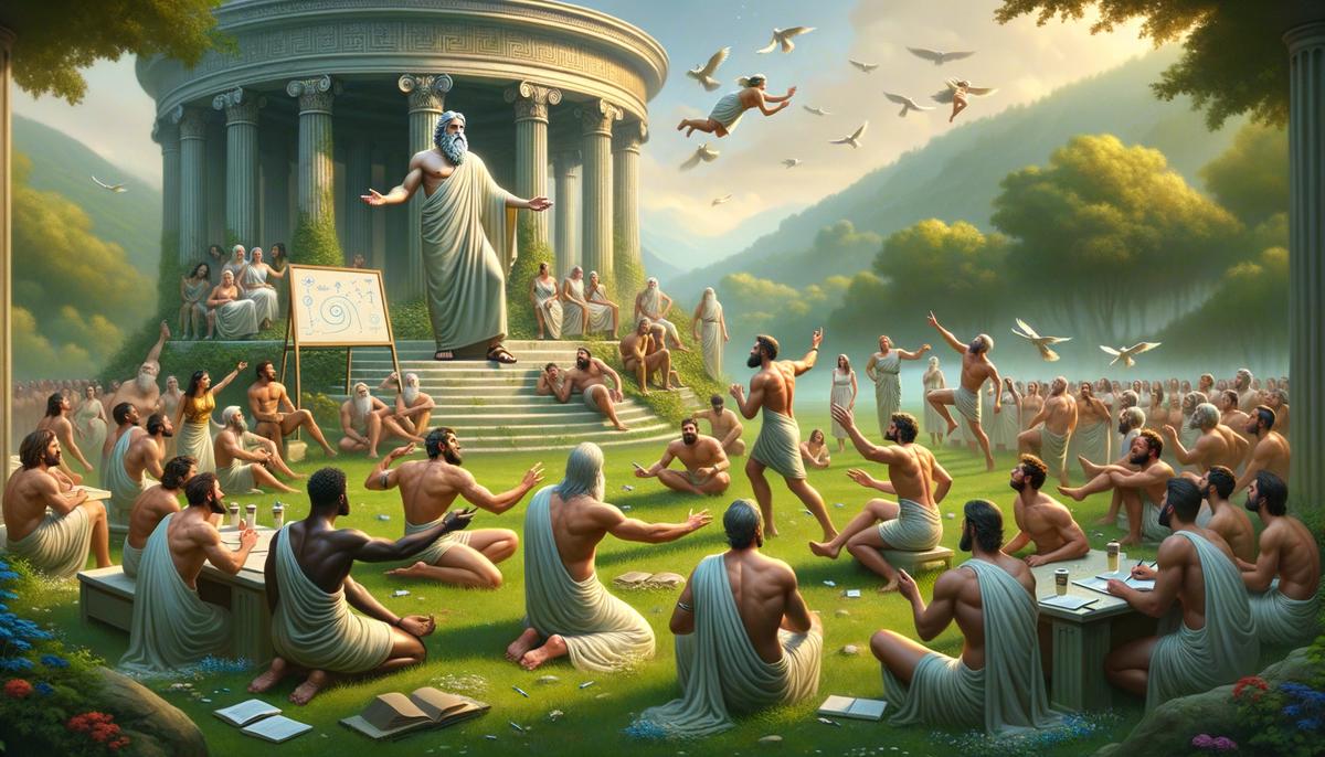 Zeus leading a team-building exercise with other Greek gods in the Elysian Fields, with activities and brainstorming sessions visible