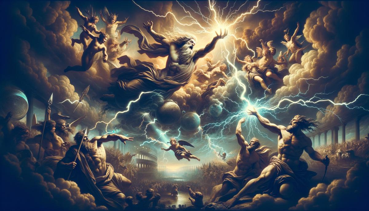 Zeus leading the Olympian gods in battle against the Titans, throwing lightning bolts amidst a chaotic, celestial battlefield