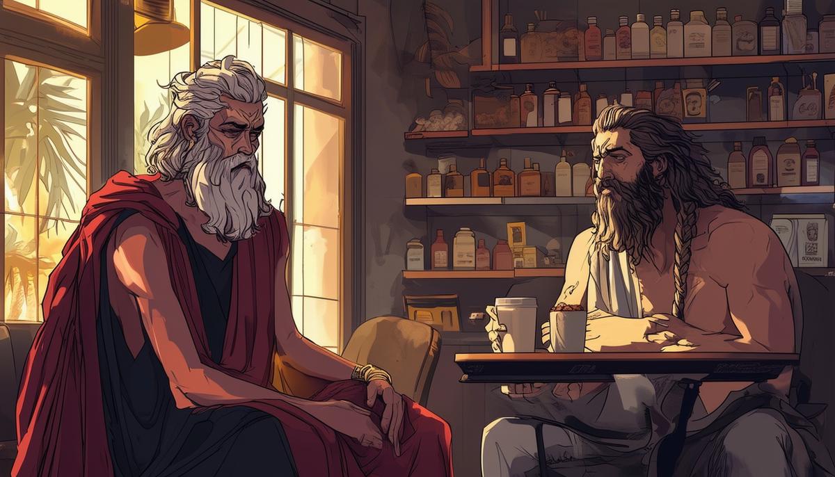 Zeus looking anxious in a therapist's office and Hades contemplating life in a coffee shop