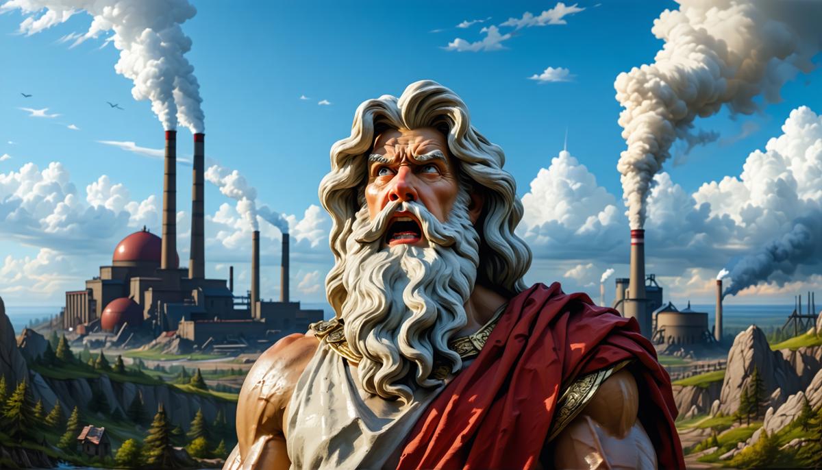 Zeus looking frustrated at smokestacks and factories polluting the sky