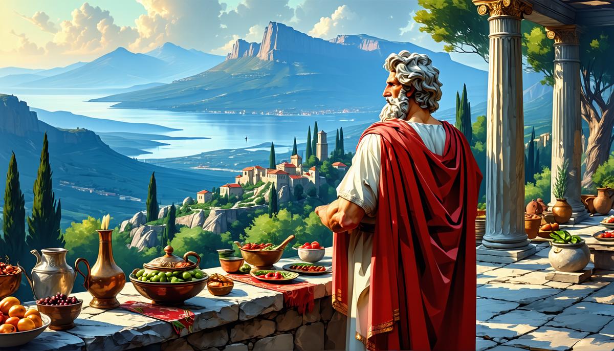 Zeus overlooking a scene of Greek hospitality from Mount Olympus