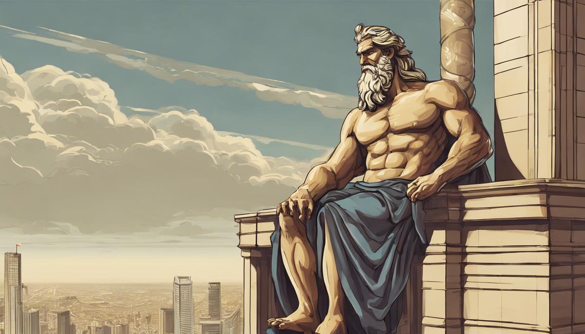 Zeus overseeing his corporate empire from a high tower