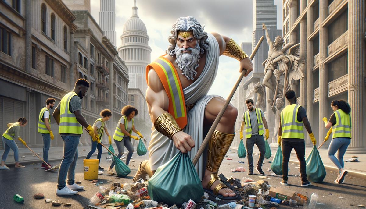 Zeus participating in a community cleanup event, wearing a volunteer vest and picking up litter alongside mortals