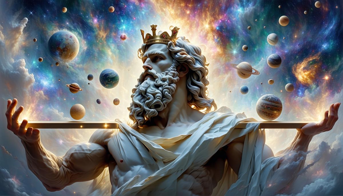 Zeus performing a delicate balancing act with various cosmic elements