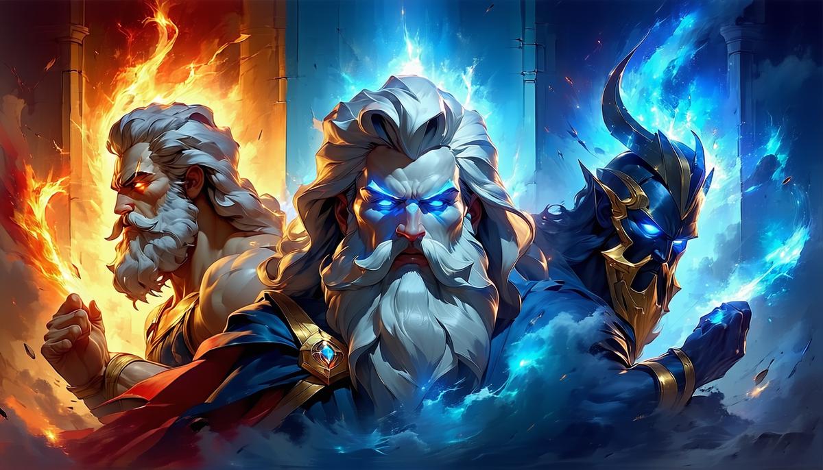 Zeus, Poseidon, and Hades ruling their respective domains of sky, sea, and underworld