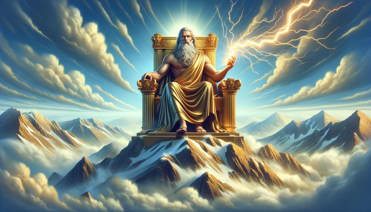Zeus sitting on his golden throne atop Mount Olympus, holding a lightning bolt