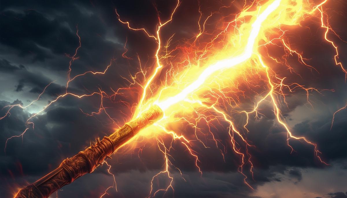 Zeus' thunderbolt, a powerful lightning bolt-shaped weapon, crackling with electric energy against a stormy sky background