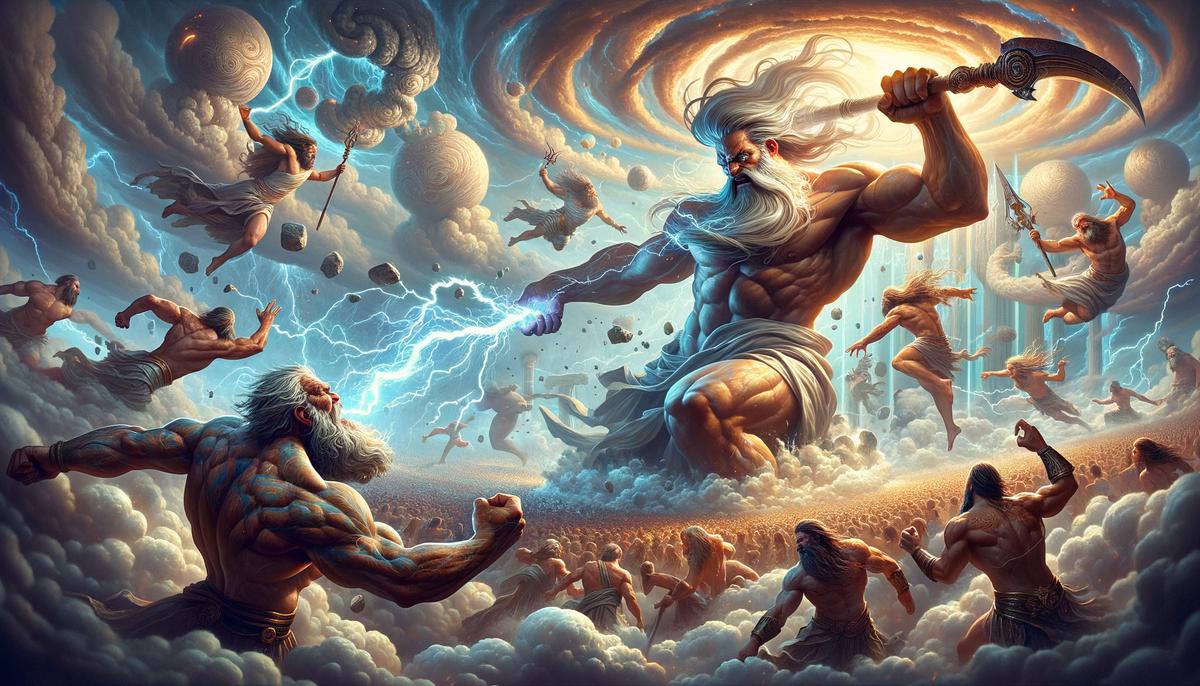 Zeus wielding a lightning bolt faces off against Cronus armed with a scythe, amidst a chaotic battlefield with other gods and Titans clashing